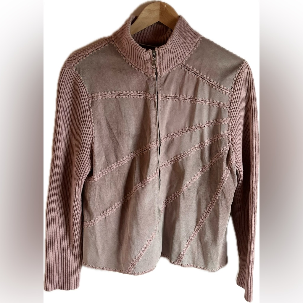 Pink Leather Patchwork Ribbed Zip Up Sweater
